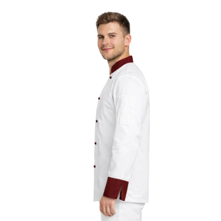 Bluza kucharska biała długi rękaw wstawki bordowe roz.XXL – bluza kucharska – odzież gastronomiczna dla kucharzy - inne ujęcie